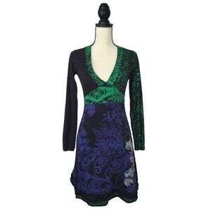 Desigual dress black green blue fit flare long sleeve dragon zebra detail Sz S